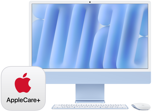 AppleCare+ Logo, mit der Vorderansicht eines iMac mit Magic Keyboard und Magic Mouse Zubehör in passenden Farben