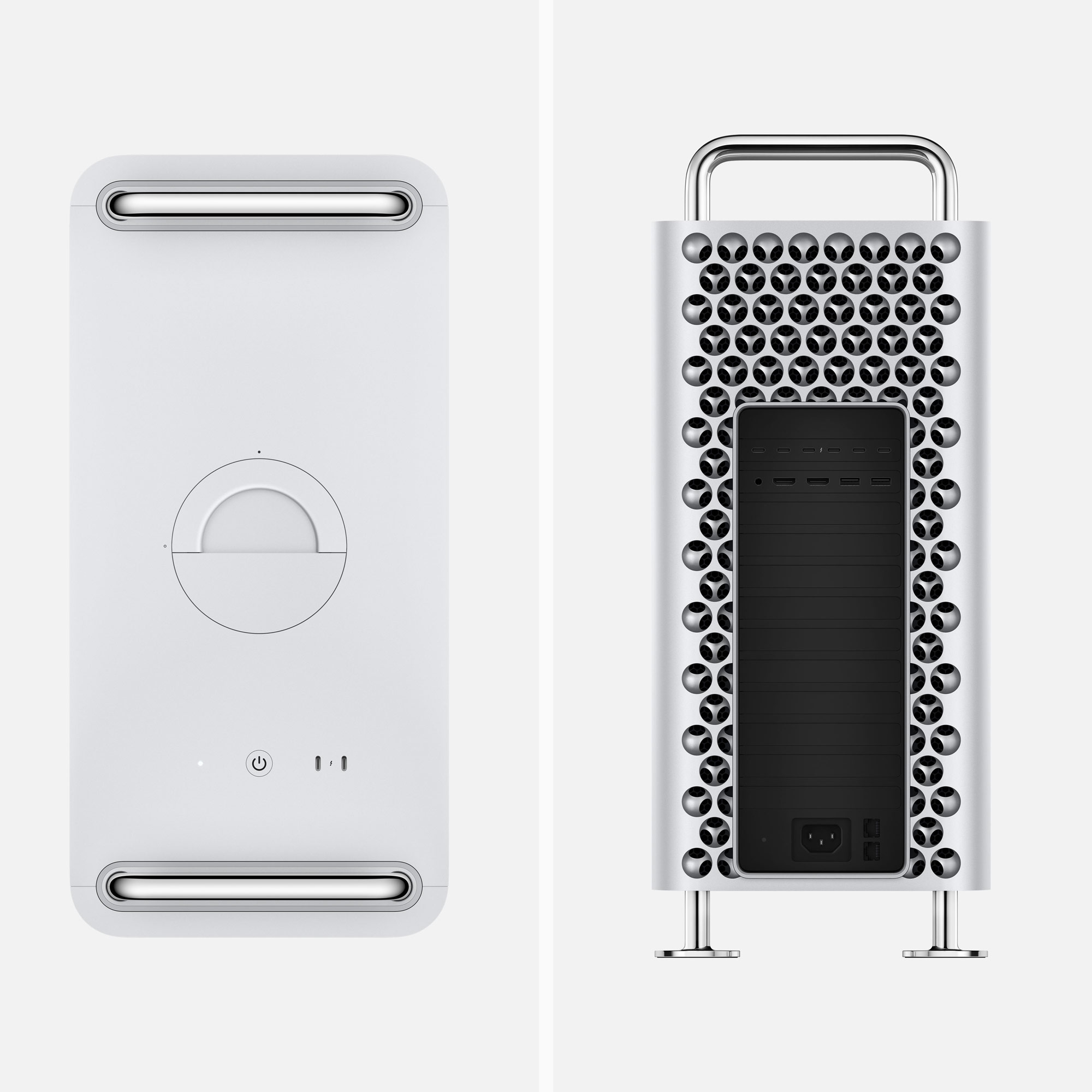 Drauf- und Rückansicht des Mac Pro mit oben zwei Thunderbolt 4 Anschlüssen und Ein‑/Ausschalter plus hinten mit sechs Thunderbolt 4- sowie zwei 10 Gbit Ethernet Anschlüssen, einer Buchse für das Netzkabel, zwei USB‑A Anschlüssen, zwei HDMI Anschlüssen und einem 3,5 mm Kopfhöreranschluss