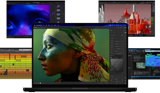 Verschiedene bunte Inhalte auf dem Display aus Apps für Musikproduktion, Videoschnitt, 3D Animation und Fotobearbeitung auf dem Mac, die eine leistungsstarke Grafikperformance demonstrieren